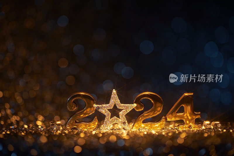 圣诞快乐，金色新年快乐2024 -星星散焦灯派对庆祝活动